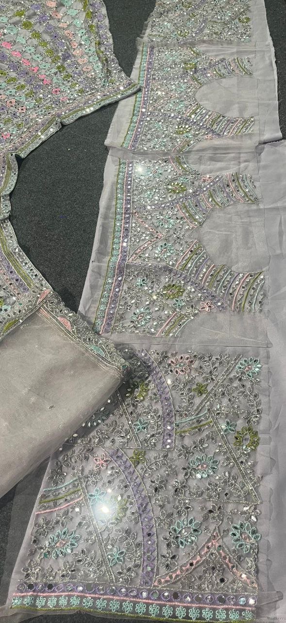 Soft colour mix shiny mirror and sequence dinner lehenga