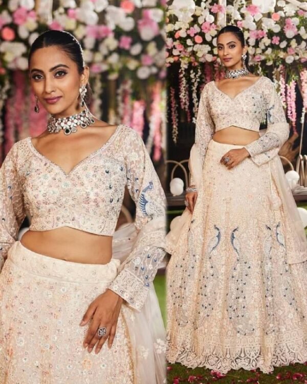 White peacock grand bridal dinner embroidery lehenga