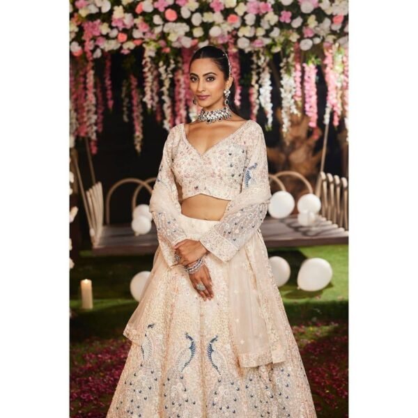 White peacock grand bridal dinner embroidery lehenga
