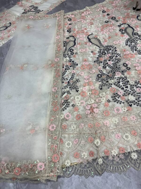 White peacock grand bridal dinner embroidery lehenga