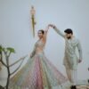 Soft many colour mix mirror like foil design lehenga