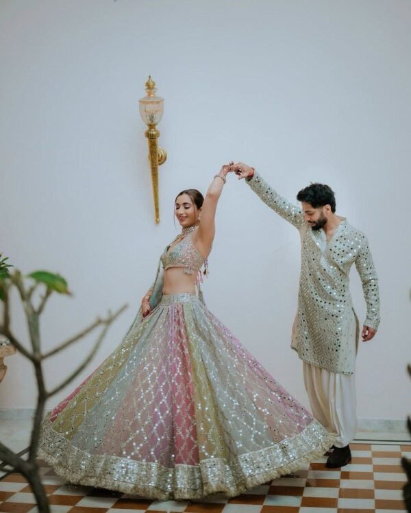 Soft many colour mix mirror like foil design lehenga