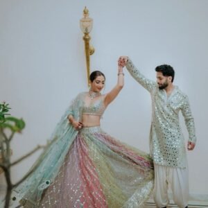 Soft many colour mix mirror like foil design lehenga