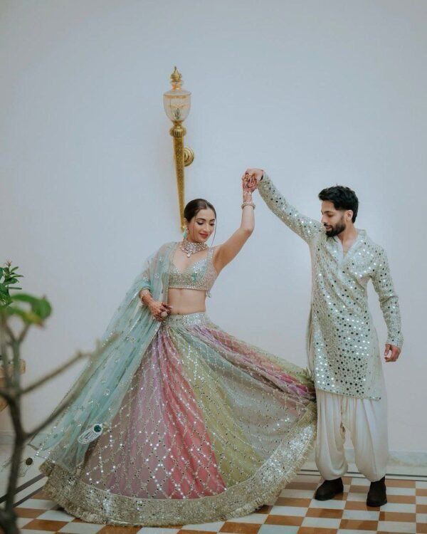 Soft many colour mix mirror like foil design lehenga