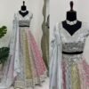 Soft many colour mix mirror like foil design lehenga
