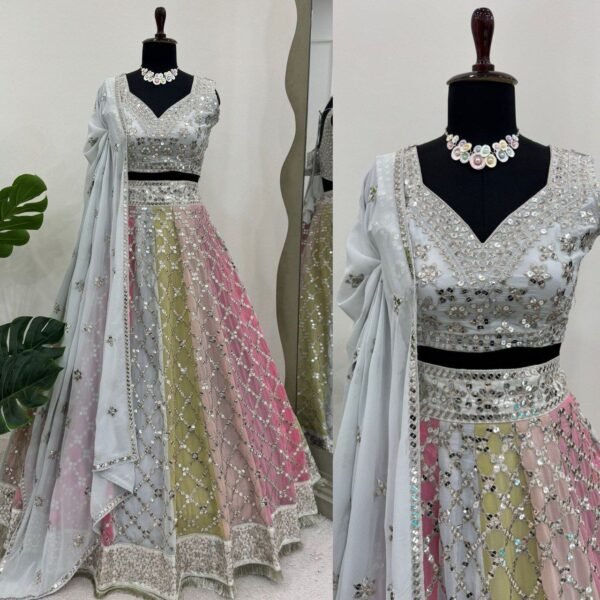 Soft many colour mix mirror like foil design lehenga