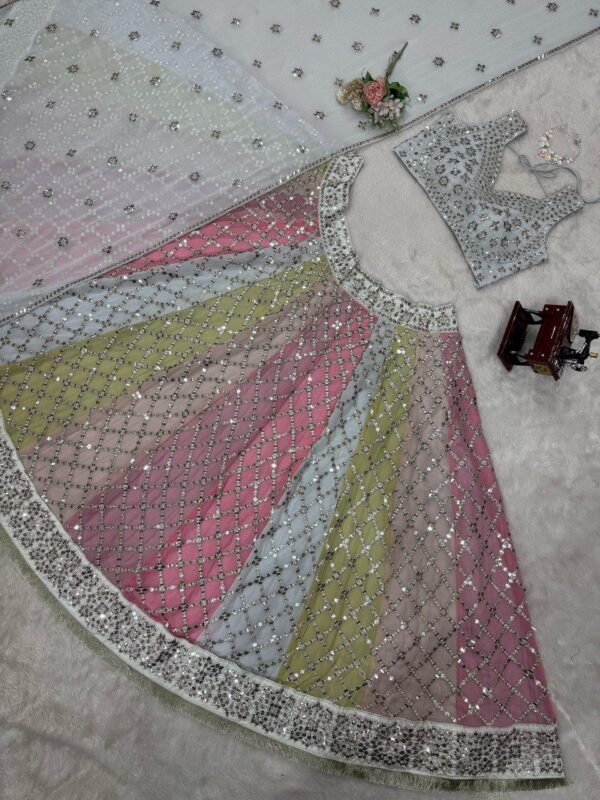 Soft many colour mix mirror like foil design lehenga