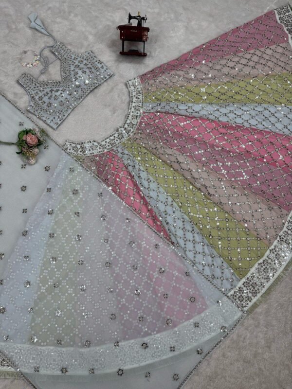 Soft many colour mix mirror like foil design lehenga