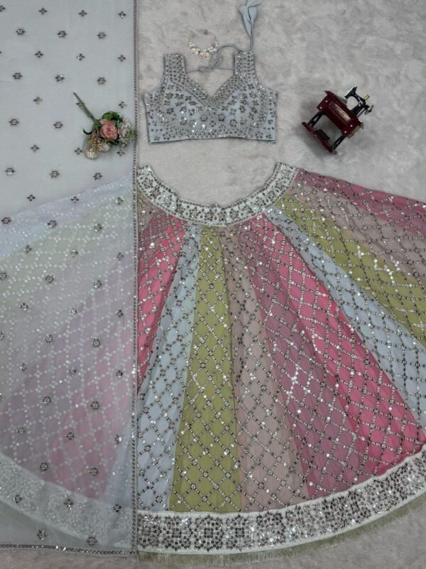 Soft many colour mix mirror like foil design lehenga