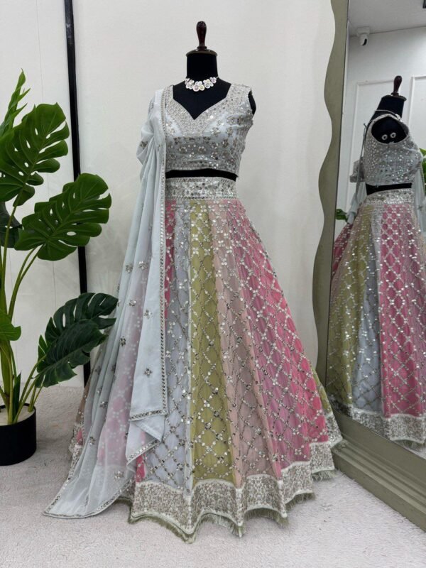Soft many colour mix mirror like foil design lehenga