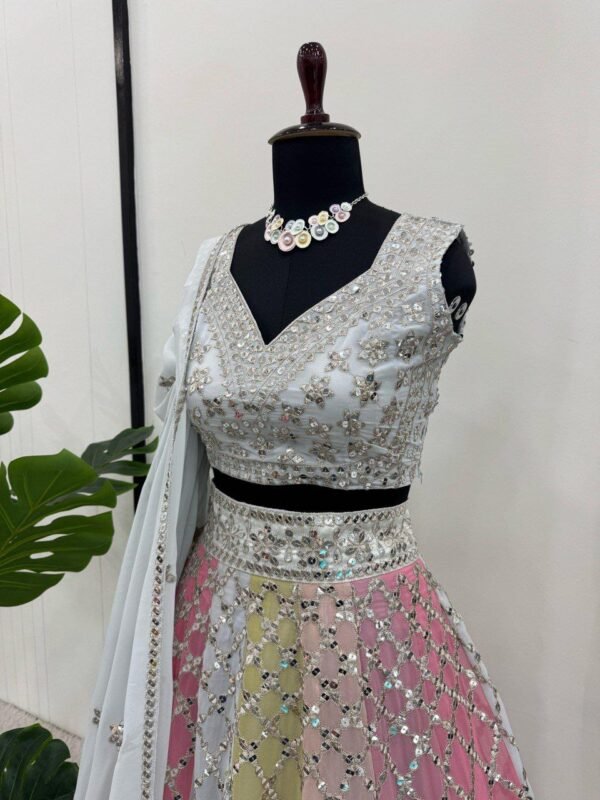 Soft many colour mix mirror like foil design lehenga