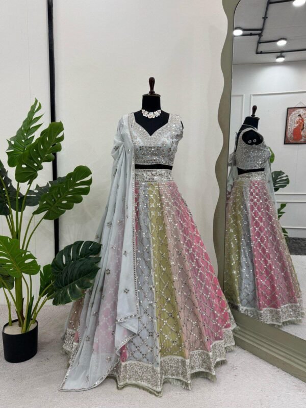 Soft many colour mix mirror like foil design lehenga