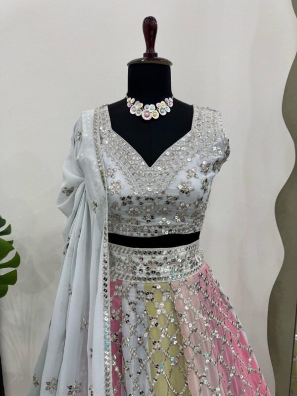 Soft many colour mix mirror like foil design lehenga