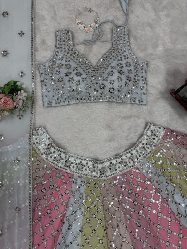 Soft many colour mix mirror like foil design lehenga
