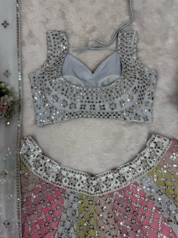 Soft many colour mix mirror like foil design lehenga