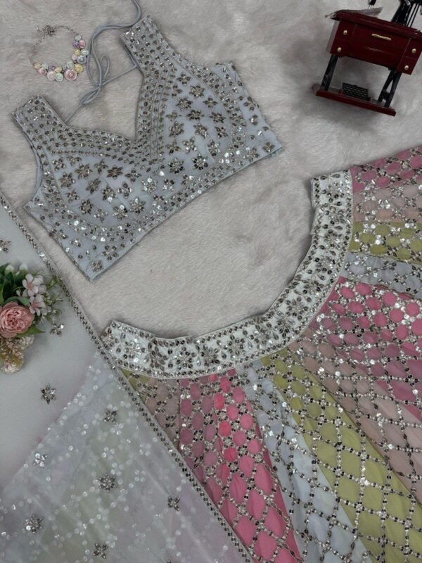 Soft many colour mix mirror like foil design lehenga